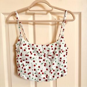 Bershka White Cherry Print Cropped Tank Top